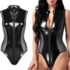 Black Latex Outfit Corset Top Leggings Long Gloves - Body Catsuit Set Costume for Woman