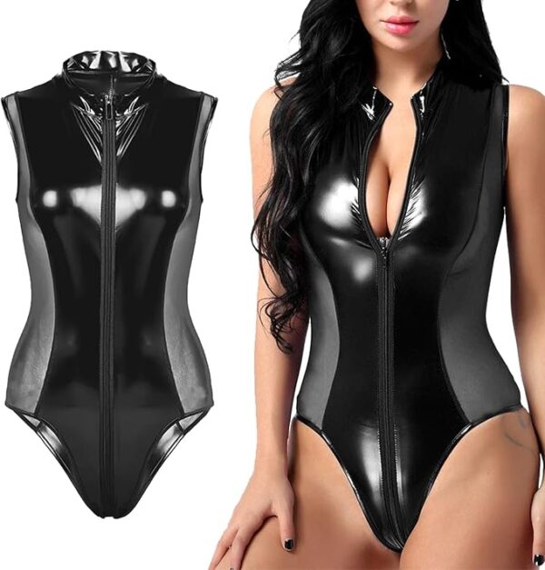 Black Latex Outfit Corset Top Leggings Long Gloves - Body Catsuit Set Costume for Woman