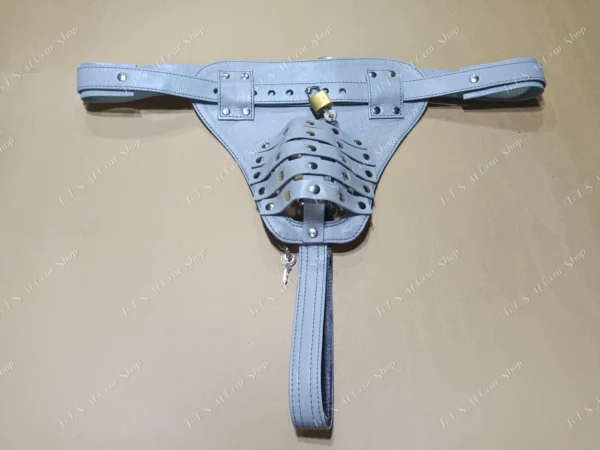 Locked Leather Chastity Jockstrap – Grey Fetish Cage Underwear for Men, BDSM Lockable Cock Cage Thong,