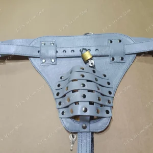 Locked Leather Chastity Jockstrap – Grey Fetish Cage Underwear for Men, BDSM Lockable Cock Cage Thong,