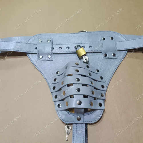 Locked Leather Chastity Jockstrap – Grey Fetish Cage Underwear for Men, BDSM Lockable Cock Cage Thong,