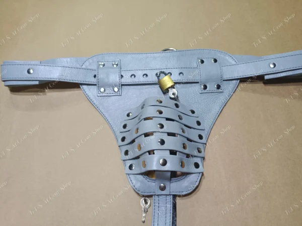 Locked Leather Chastity Jockstrap – Grey Fetish Cage Underwear for Men, BDSM Lockable Cock Cage Thong,