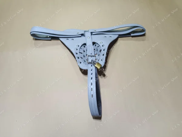 Locked Leather Chastity Jockstrap – Grey Fetish Cage Underwear for Men, BDSM Lockable Cock Cage Thong,