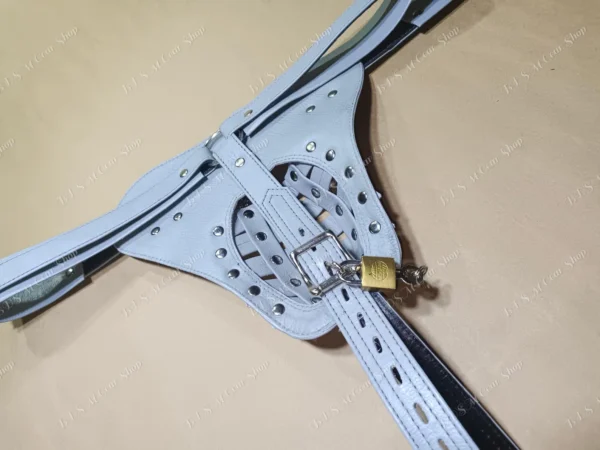 Locked Leather Chastity Jockstrap – Grey Fetish Cage Underwear for Men, BDSM Lockable Cock Cage Thong,