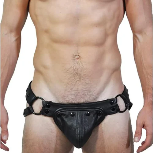 Men’s Genuine Black Leather Jockstrap with Codpiece Fetish Thong Underwear for Bondage and Costume