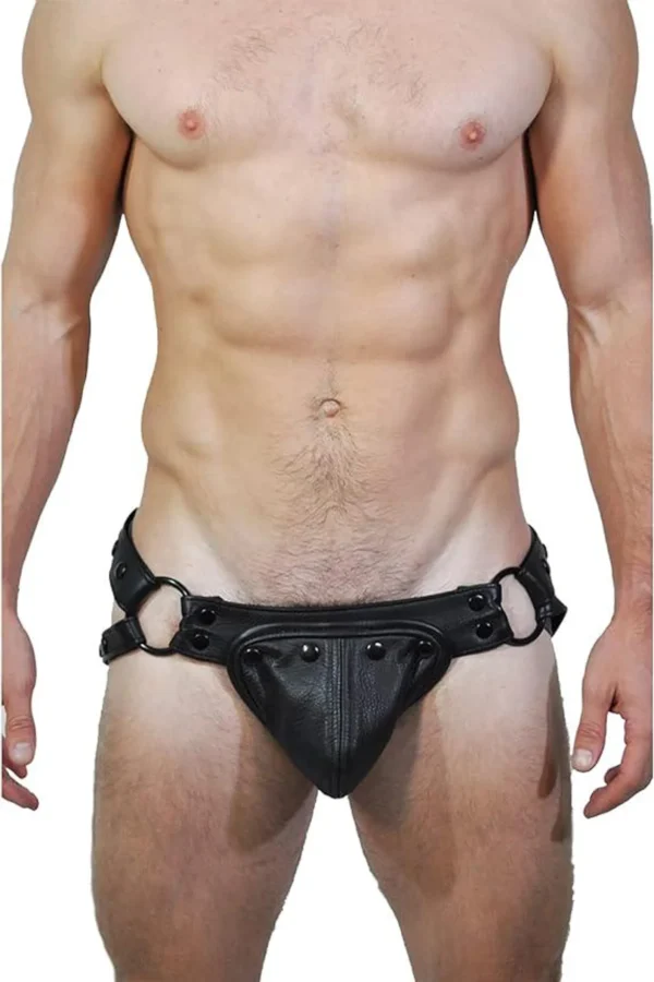 Men’s Genuine Black Leather Jockstrap with Codpiece Fetish Thong Underwear for Bondage and Costume