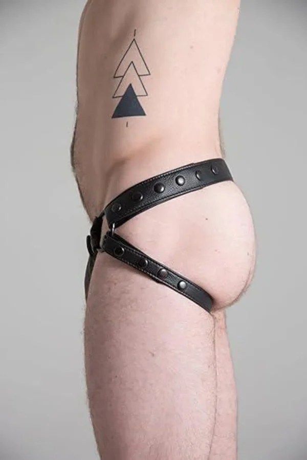 Men’s Genuine Black Leather Jockstrap with Codpiece Fetish Thong Underwear for Bondage and Costume