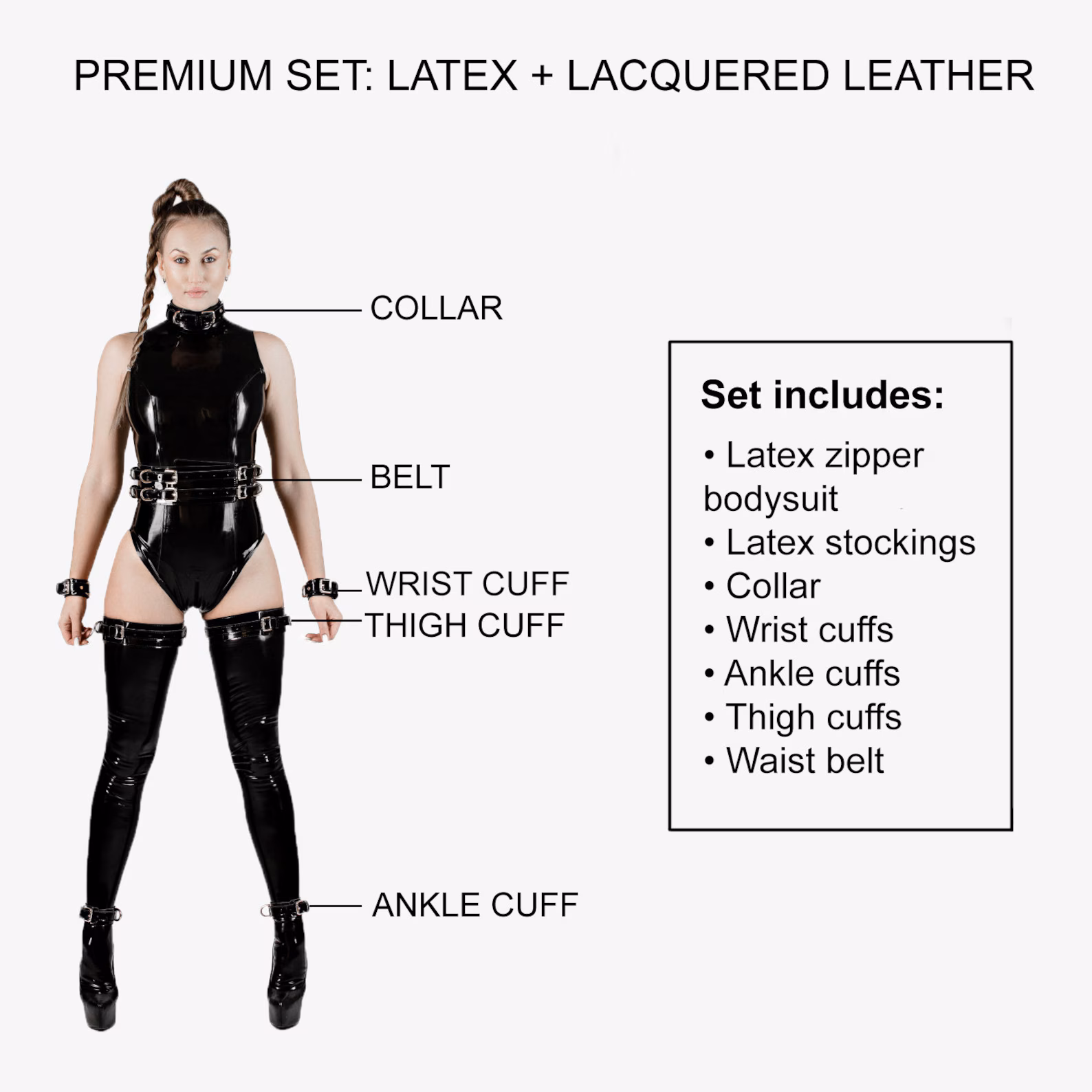 Premium Latex & Lacquered Leather Bondage Set,  Bodysuit and Stockings, wet look