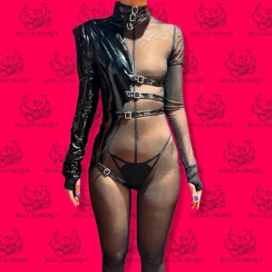 Faux Leather Harness & Mesh Catsuit Set