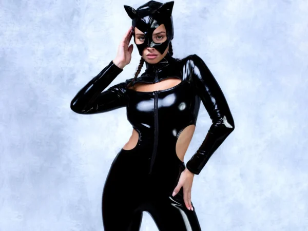 Vinyl Catwoman Costume, Cutout Catsuit with Mask Facesitting