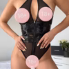 Faux Leather Mesh Catsuit, Strappy Lingerie