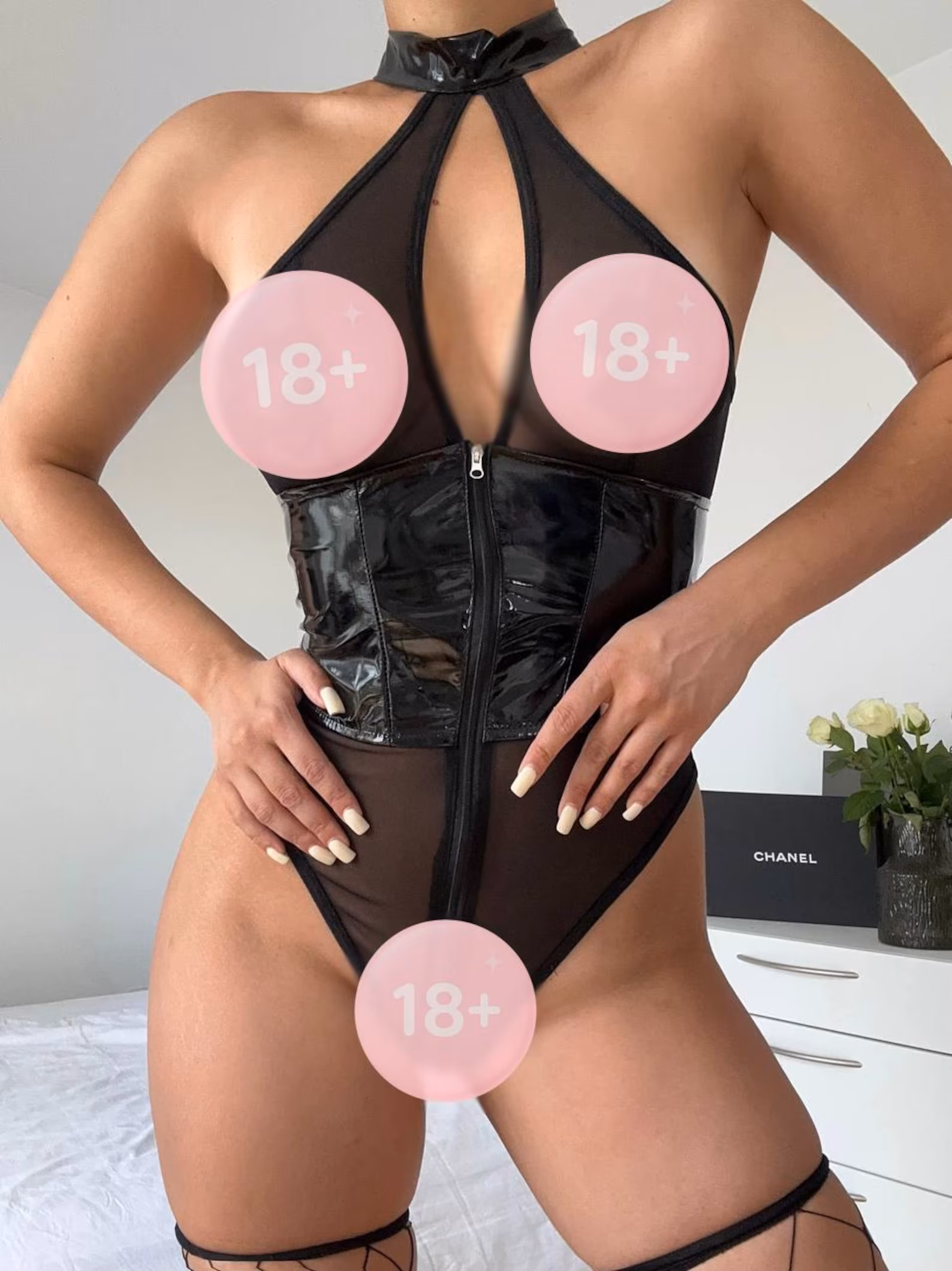 Faux Leather Mesh Catsuit, Strappy Lingerie