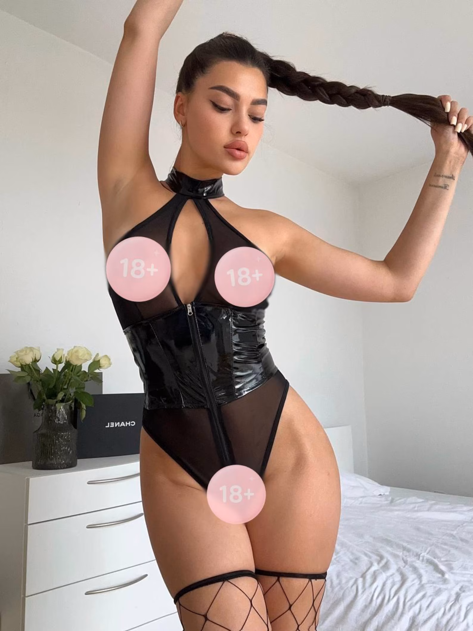 Faux Leather Mesh Catsuit, Strappy Lingerie