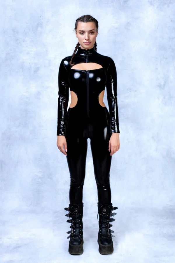 Vinyl Catwoman Costume, Cutout Catsuit with Mask Facesitting