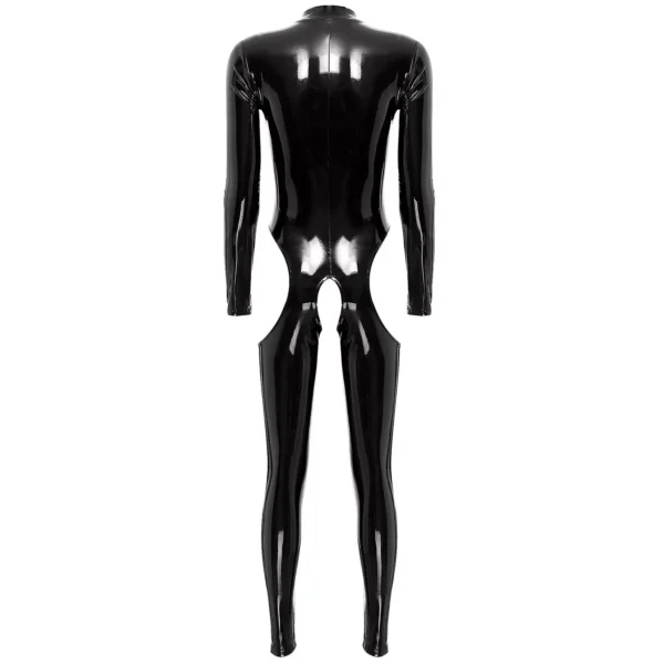 Mistress Cutout Open Crotch Patent Leather Jumpsuit Zipper Stand Collar Crotchless Catsuit Long Sleeve Wet Look Bodysuit Lingerie