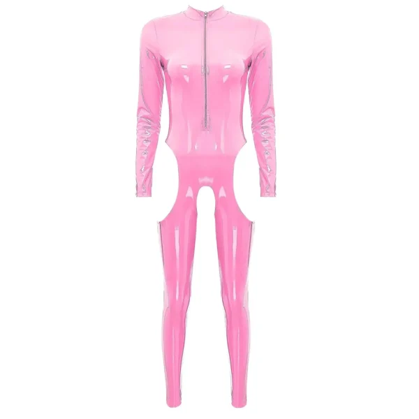 Mistress Cutout Open Crotch Patent Leather Jumpsuit Zipper Stand Collar Crotchless Catsuit Long Sleeve Wet Look Bodysuit Lingerie