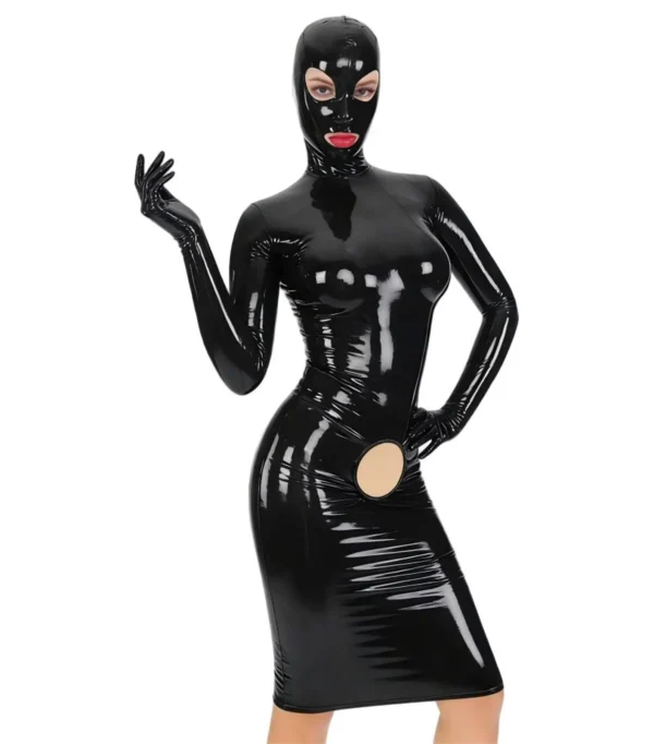 Back Zipper Bodysuit with Mask Glossy PVC Leather Long Sleeved Gloves One Piece Club Skintight Customize