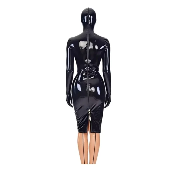 Back Zipper Bodysuit with Mask Glossy PVC Leather Long Sleeved Gloves One Piece Club Skintight Customize