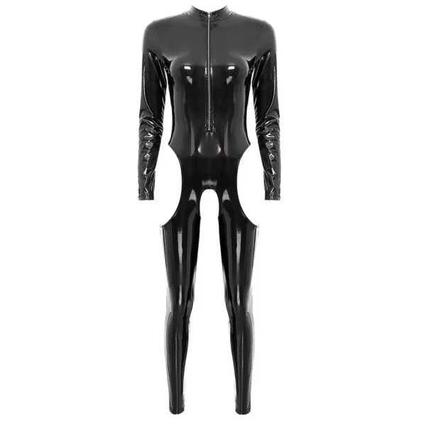 Mistress Cutout Open Crotch Patent Leather Jumpsuit Zipper Stand Collar Crotchless Catsuit Long Sleeve Wet Look Bodysuit Lingerie