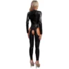 Mistress Cutout Open Crotch Patent Leather Jumpsuit Zipper Stand Collar Crotchless Catsuit Long Sleeve Wet Look Bodysuit Lingerie