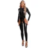 Mistress Cutout Open Crotch Patent Leather Jumpsuit Zipper Stand Collar Crotchless Catsuit Long Sleeve Wet Look Bodysuit Lingerie