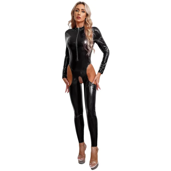 Mistress Cutout Open Crotch Patent Leather Jumpsuit Zipper Stand Collar Crotchless Catsuit Long Sleeve Wet Look Bodysuit Lingerie