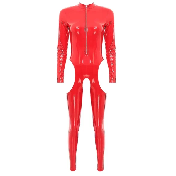 Mistress Cutout Open Crotch Patent Leather Jumpsuit Zipper Stand Collar Crotchless Catsuit Long Sleeve Wet Look Bodysuit Lingerie