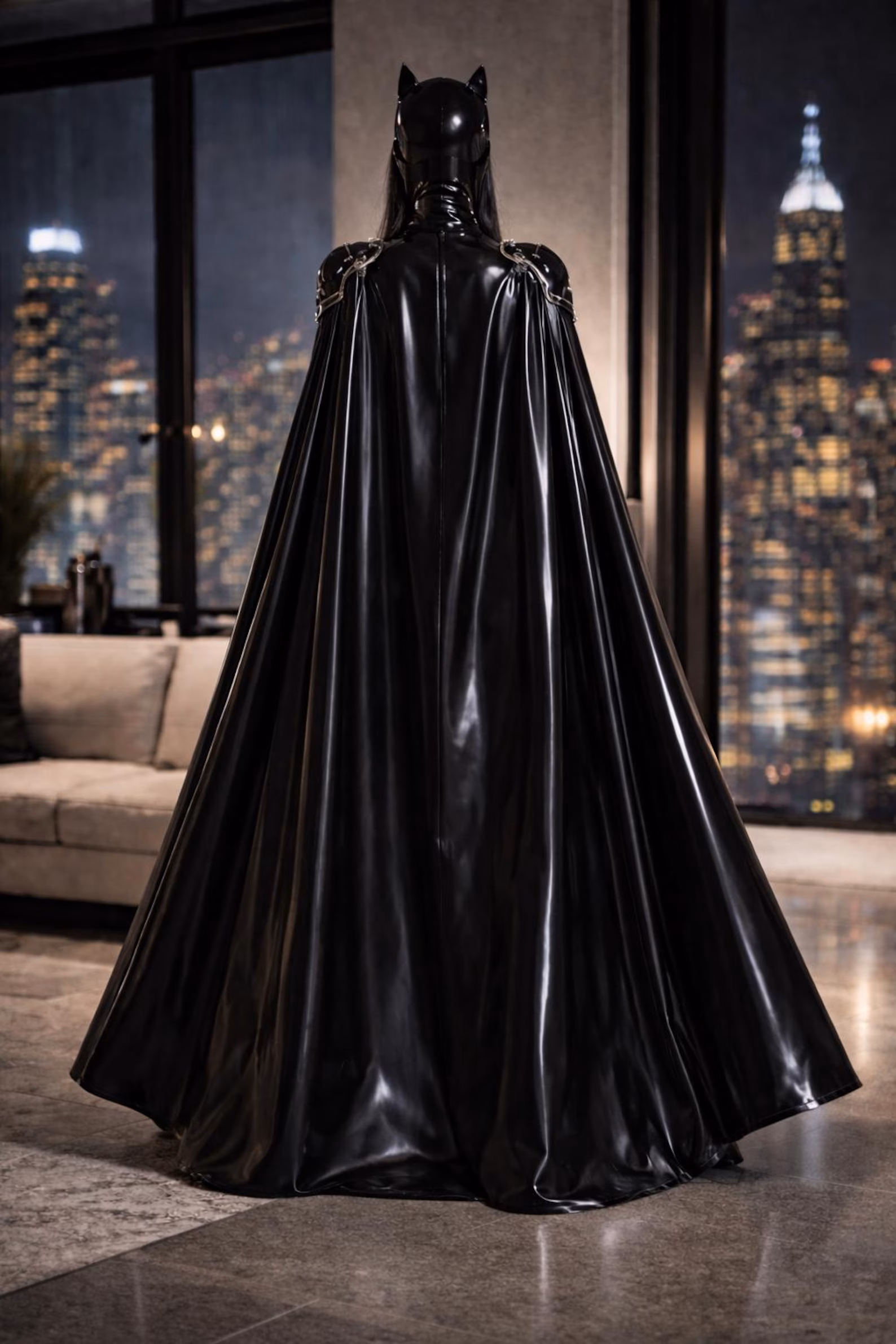 Jumpsuit with Removable Cape & Mask – Full-Body Glossy Catsuit Costume