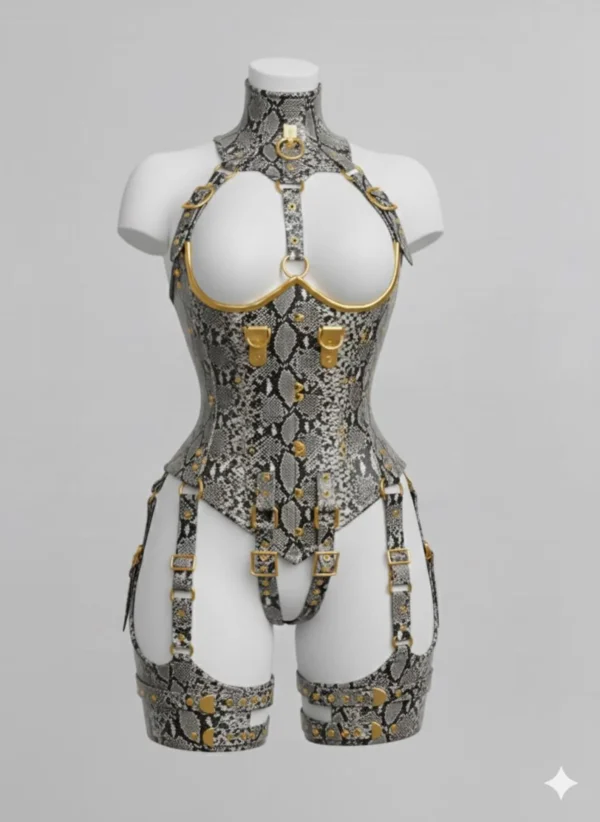 Gothic Leather Harness Corset: Steampunk Facesitting Catsuit