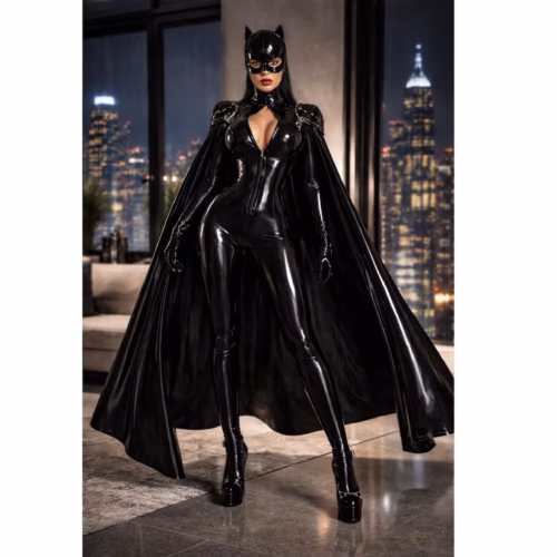 Jumpsuit with Removable Cape & Mask – Full-Body Glossy Catsuit Costume