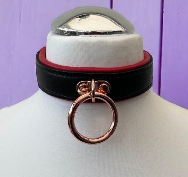 il_1588xN.5729175366_abh5 Genuine Leather Collar Black Padded & Stitched Leather I 35mm Rose gold O Ring Locking Collar Rose Gold